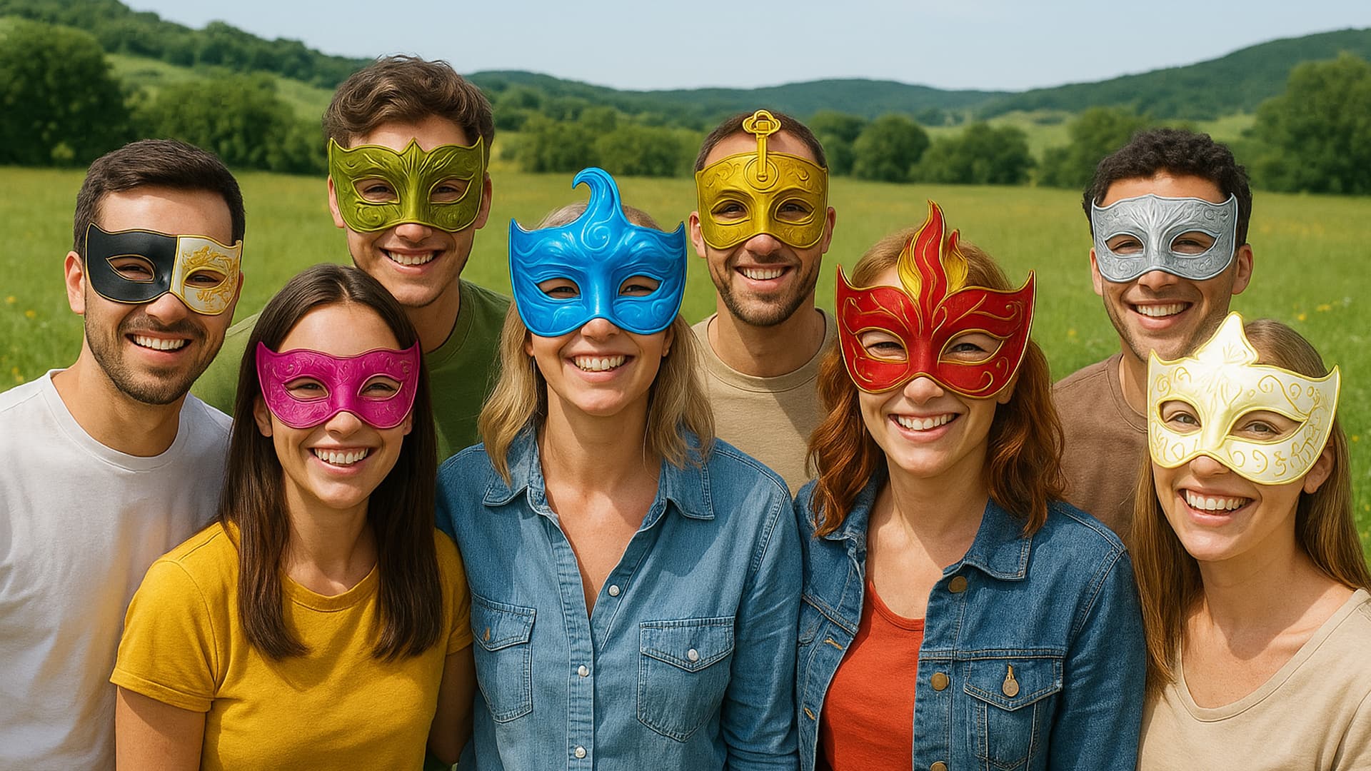 People wearing the eight Avlli archetype masks
