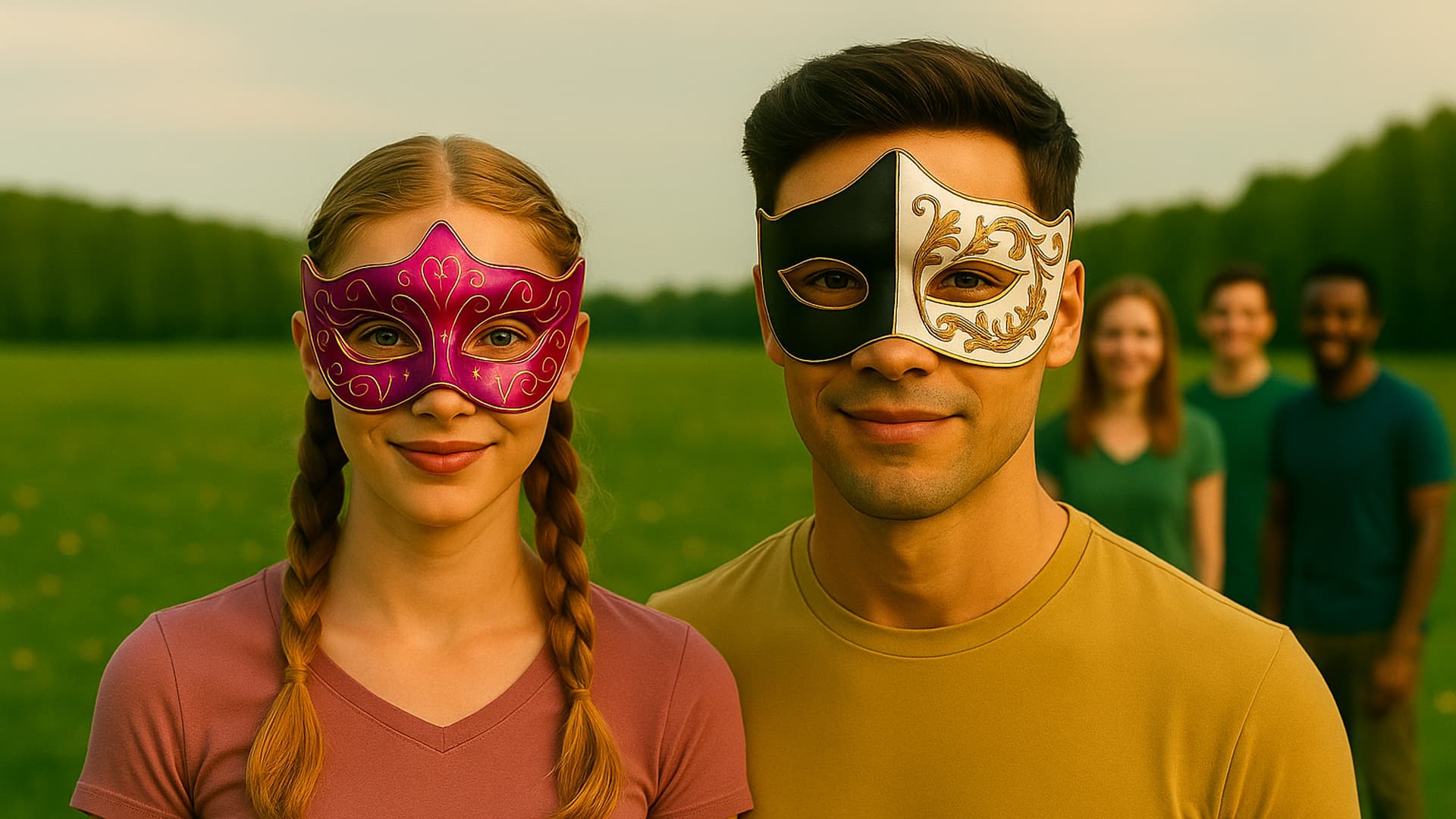 Des personnes portant les huit masques d’archétypes Avlli