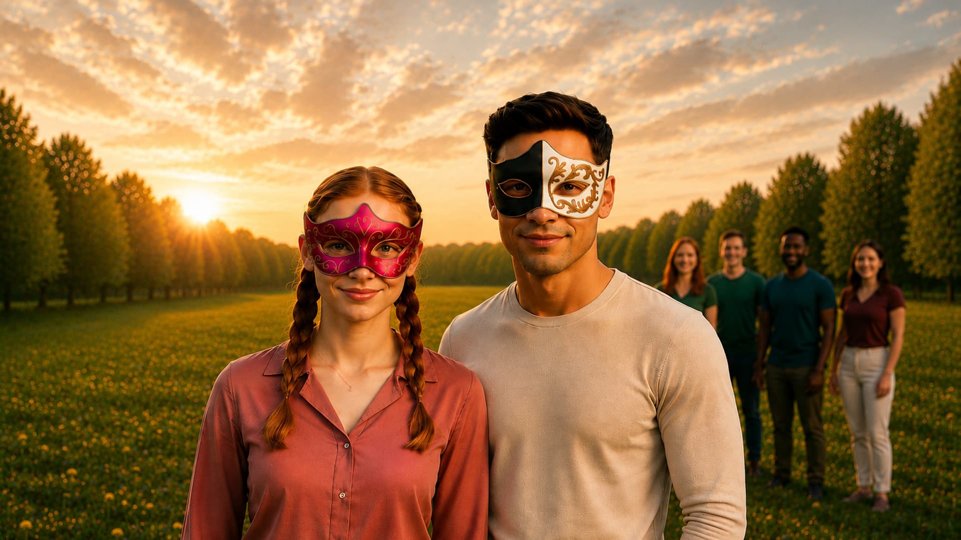 People wearing the eight Avlli archetype masks