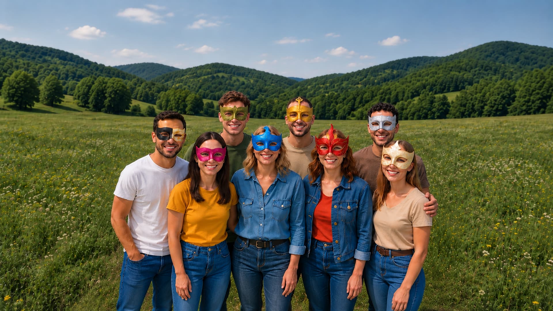 Personnes portant les huit masques d’archétypes Avlli