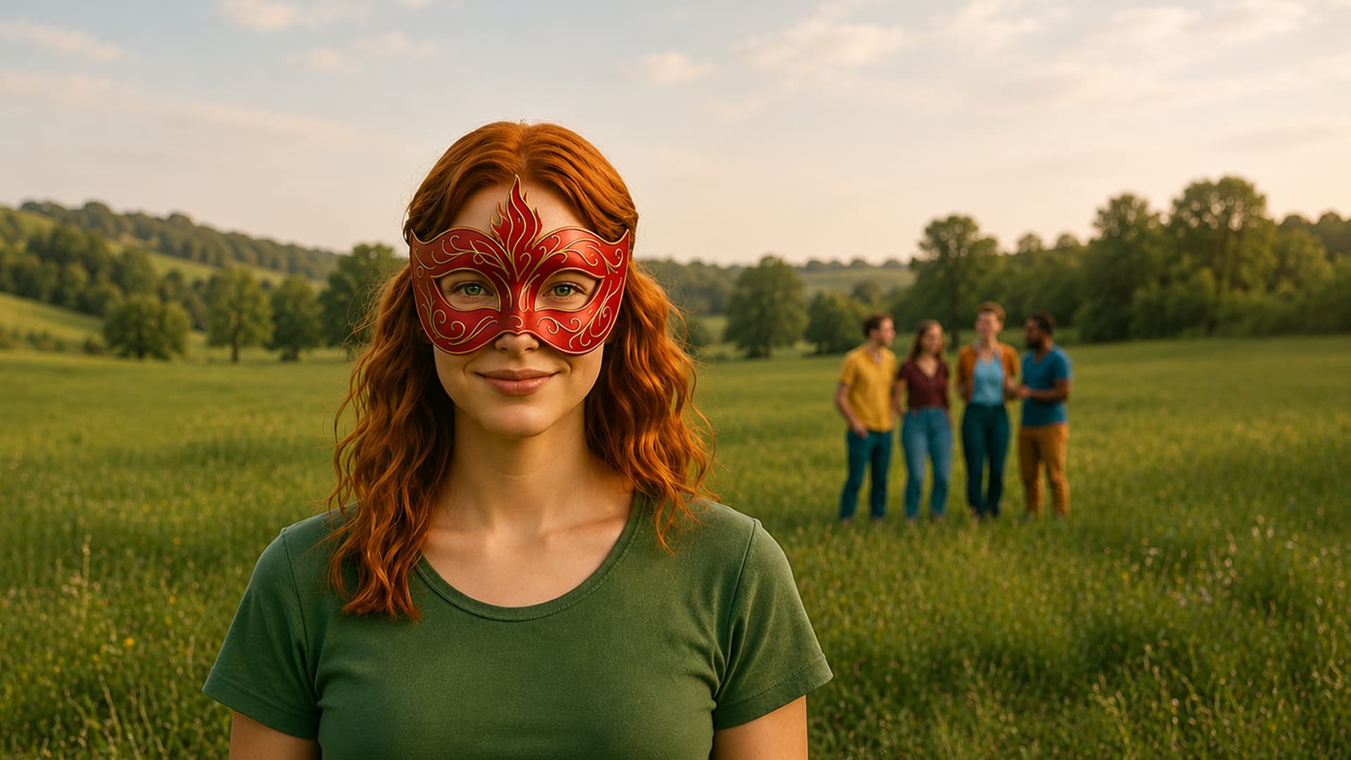 A woman with red hair wearing a red and gold masquerade mask, standing in a green field.