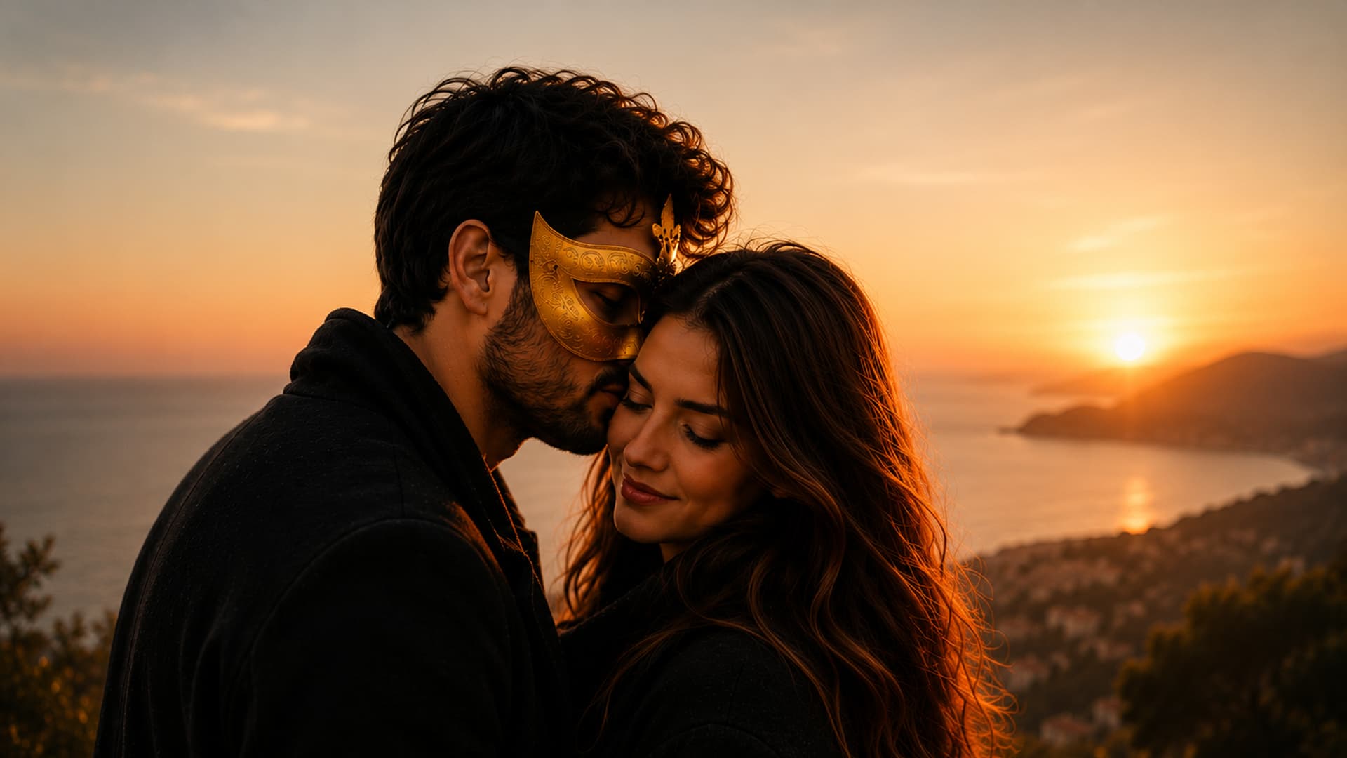 A couple in a close embrace at sunset overlooking a coastline; the man wears a golden masquerade mask.