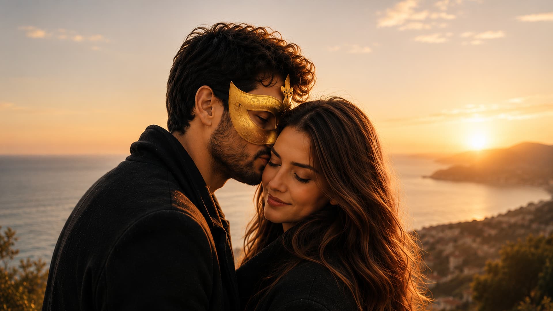 Un couple enlacé au coucher du soleil face à un littoral ; l’homme porte un masque de mascarade doré.